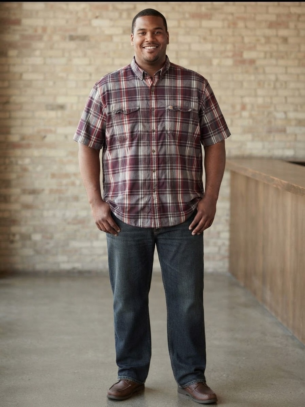 Carhartt Men's Short-Sleeve Plaid Button-Down Shirt in Burgundy and Cream
